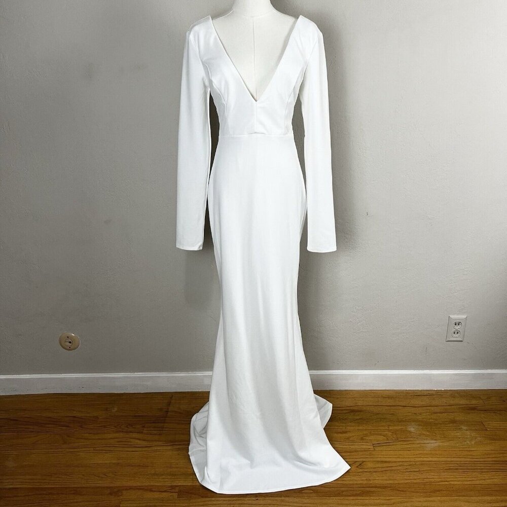 LULUS Extravagant Love White Backless Long Sleeve Ruched Maxi Dress Size Medium